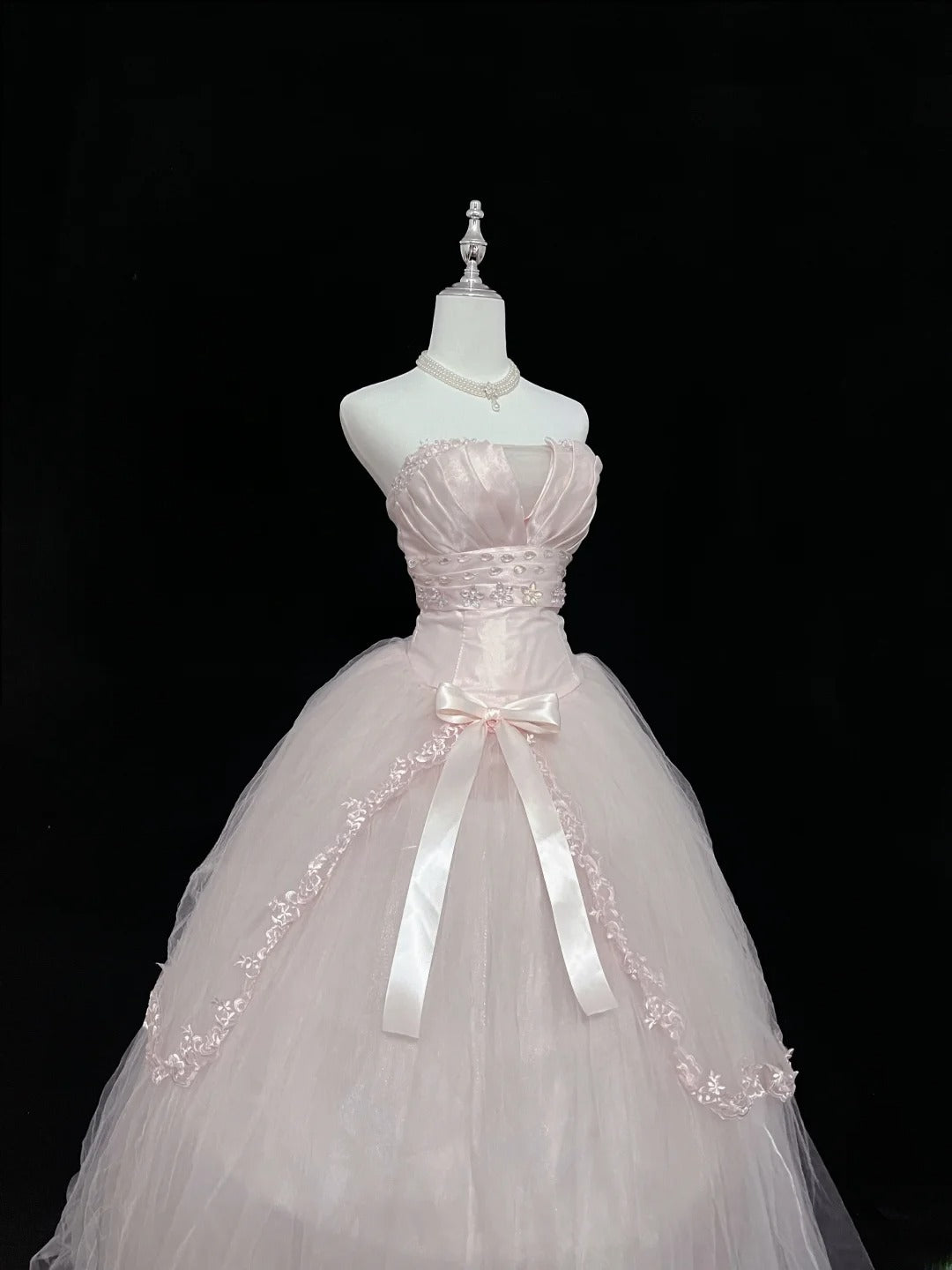Dreamy Ball Gowns Strapless Pink With Bow-knot Tulle Long Prom Dresses Senior Puffy Sweet 16 Sixteen Outfit Vestido de 15 RB7618