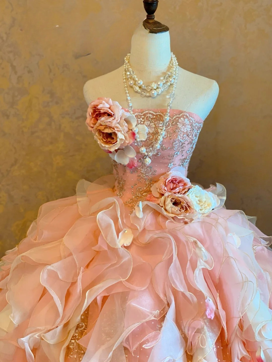 3D Floral Tiered Layers Strapless Pink Quinceanera Dress Ball Gown Sweet 15 Gown RB9144