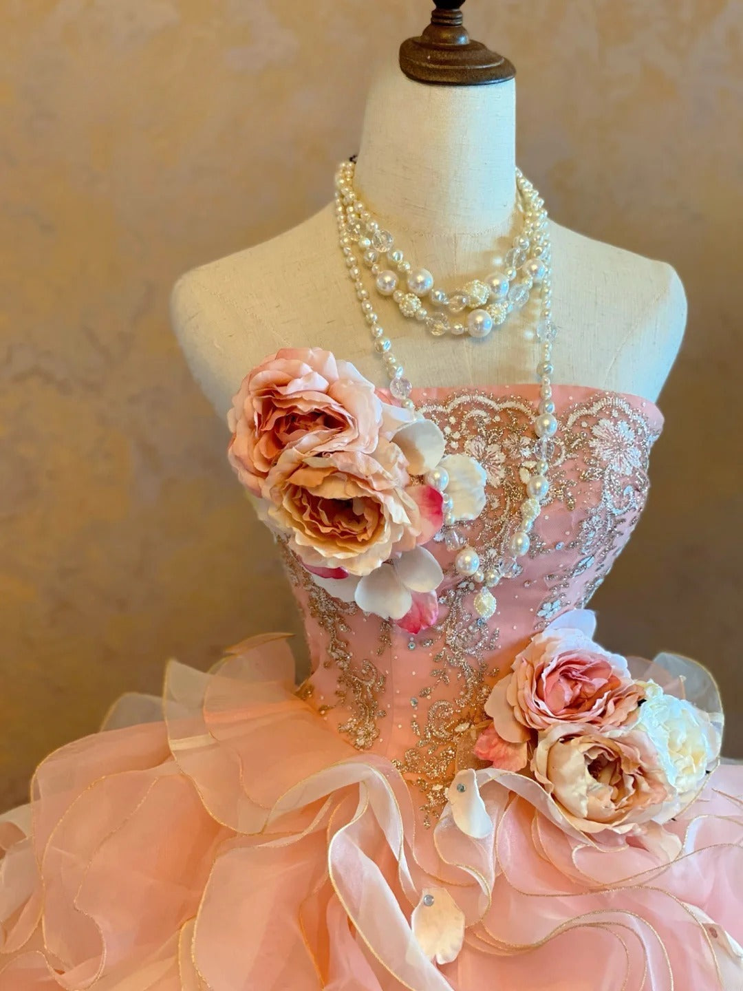3D Floral Tiered Layers Strapless Pink Quinceanera Dress Ball Gown Sweet 15 Gown RB9144