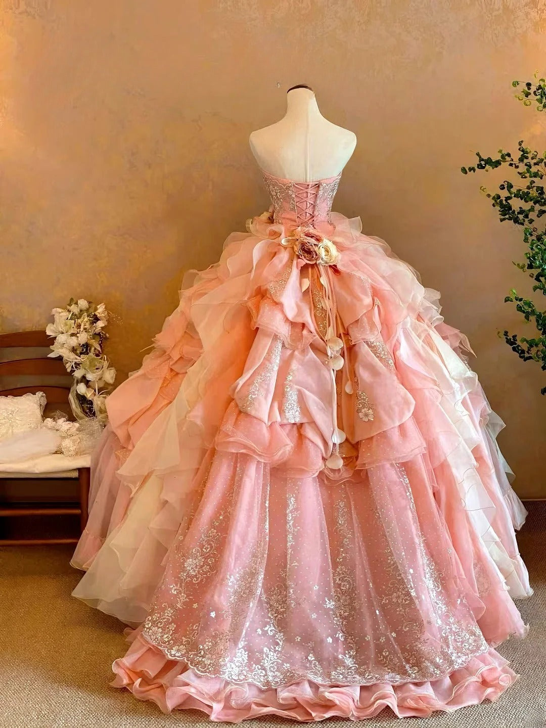 3D Floral Tiered Layers Strapless Pink Quinceanera Dress Ball Gown Sweet 15 Gown RB9144
