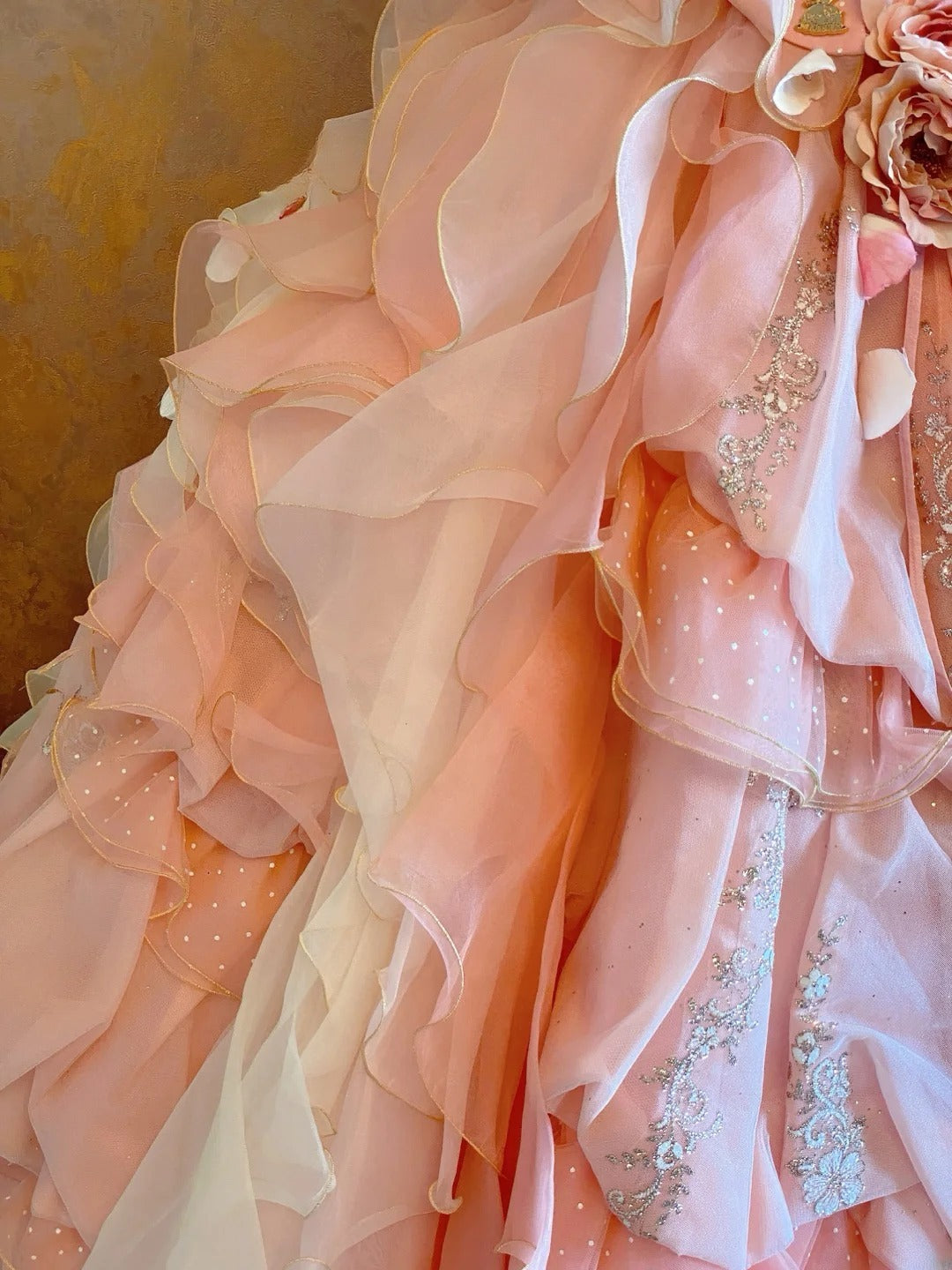 3D Floral Tiered Layers Strapless Pink Quinceanera Dress Ball Gown Sweet 15 Gown RB9144