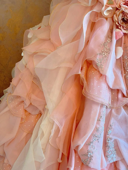 3D Floral Tiered Layers Strapless Pink Quinceanera Dress Ball Gown Sweet 15 Gown RB9144