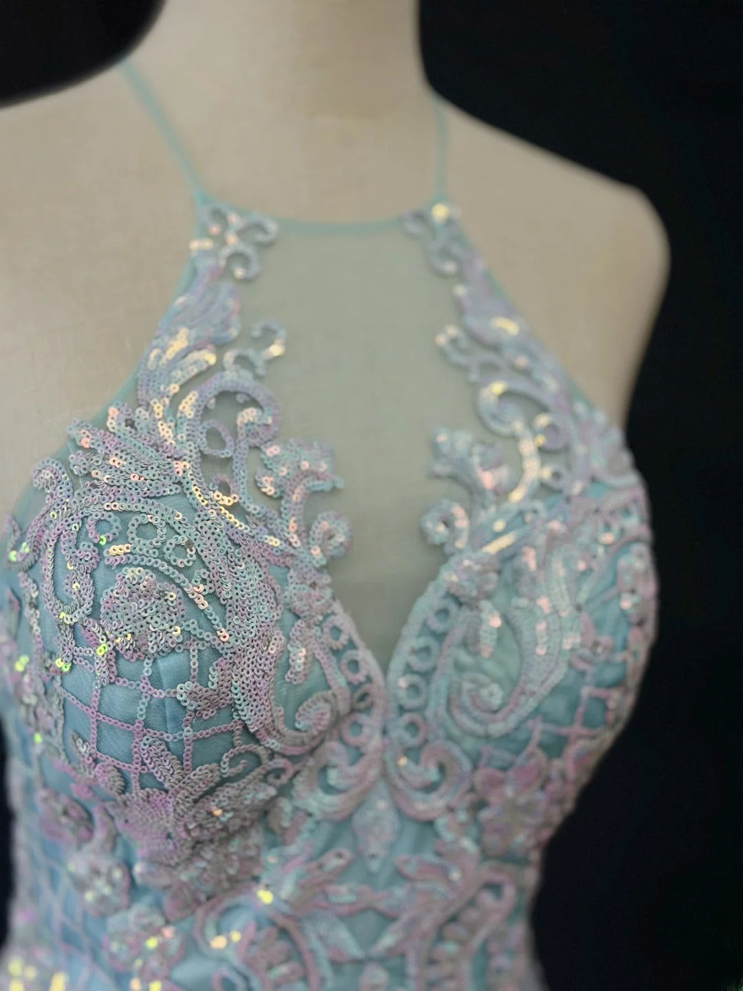 Beautiful Prom Dresses Mermaid Halter Light Sky Blue With Lace Appliqued Long Formal Outfits RB6019
