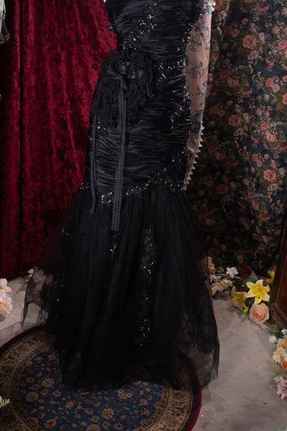 Modest Mermaid Strapless Black With Ruffled High School Dances Prom Dresses 8th Grade Formal Outfits Evening Gown RB8491