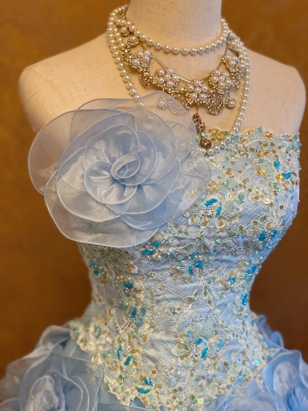 3D Floral Tiered Layers Strapless Blue Quinceanera Dress Ball Gown Sweet 15 Gown RB9143