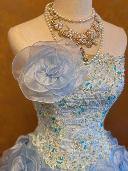 3D Floral Tiered Layers Strapless Blue Quinceanera Dress Ball Gown Sweet 15 Gown RB9143