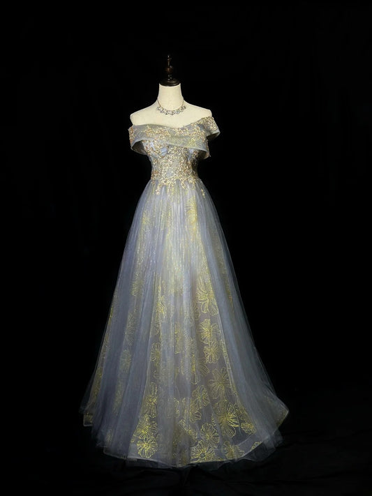 Modest Prom Dresses A Line Off The Shoulder Gold Lace With Sleeves Sequin Long Formal Outfits RB6020