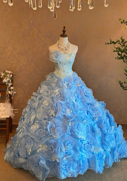 3D Floral Tiered Layers Strapless Blue Quinceanera Dress Ball Gown Sweet 15 Gown RB9143