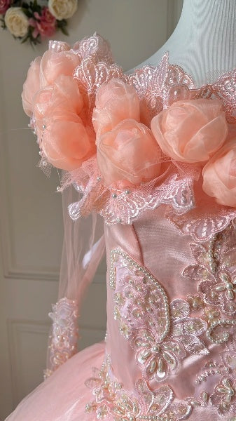 Sweet 15 Quinceanera Dress Ball Gown Pink With Flowers Tulle Long Sleeves 15th Birthday Outfits RC0577