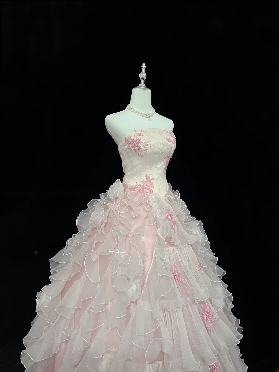 Dreamy Ball Gowns Strapless Pink With Tiered Layers Tulle Long Prom Dresses Senior Puffy Sweet 16 Sixteen Outfit Vestido de 15 RB7620