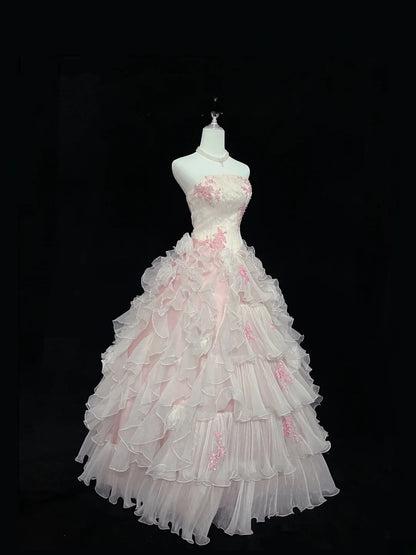 Dreamy Ball Gowns Strapless Pink With Tiered Layers Tulle Long Prom Dresses Senior Puffy Sweet 16 Sixteen Outfit Vestido de 15 RB7620