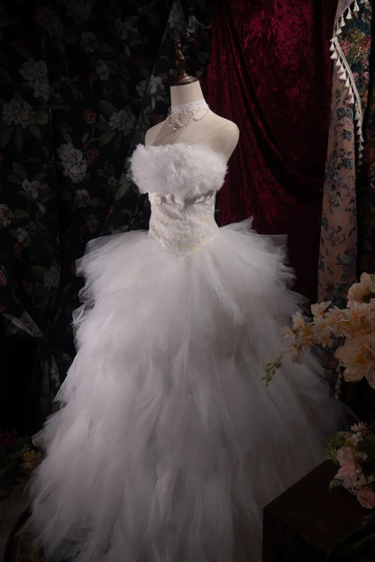 Dreamy Ball Gown Formal Events Strapless White Tulle With Tiered Quince Dress Quinceanera Dresses Birthday Outfits RB8492