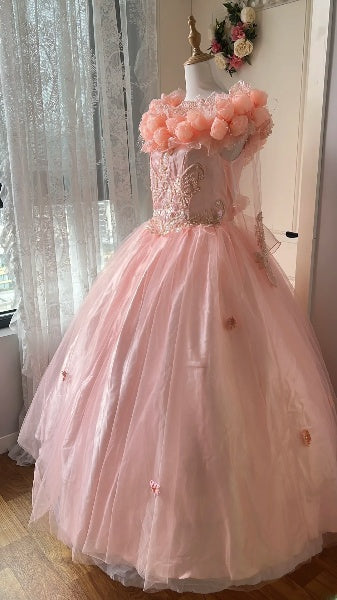 Sweet 15 Quinceanera Dress Ball Gown Pink With Flowers Tulle Long Sleeves 15th Birthday Outfits RC0577