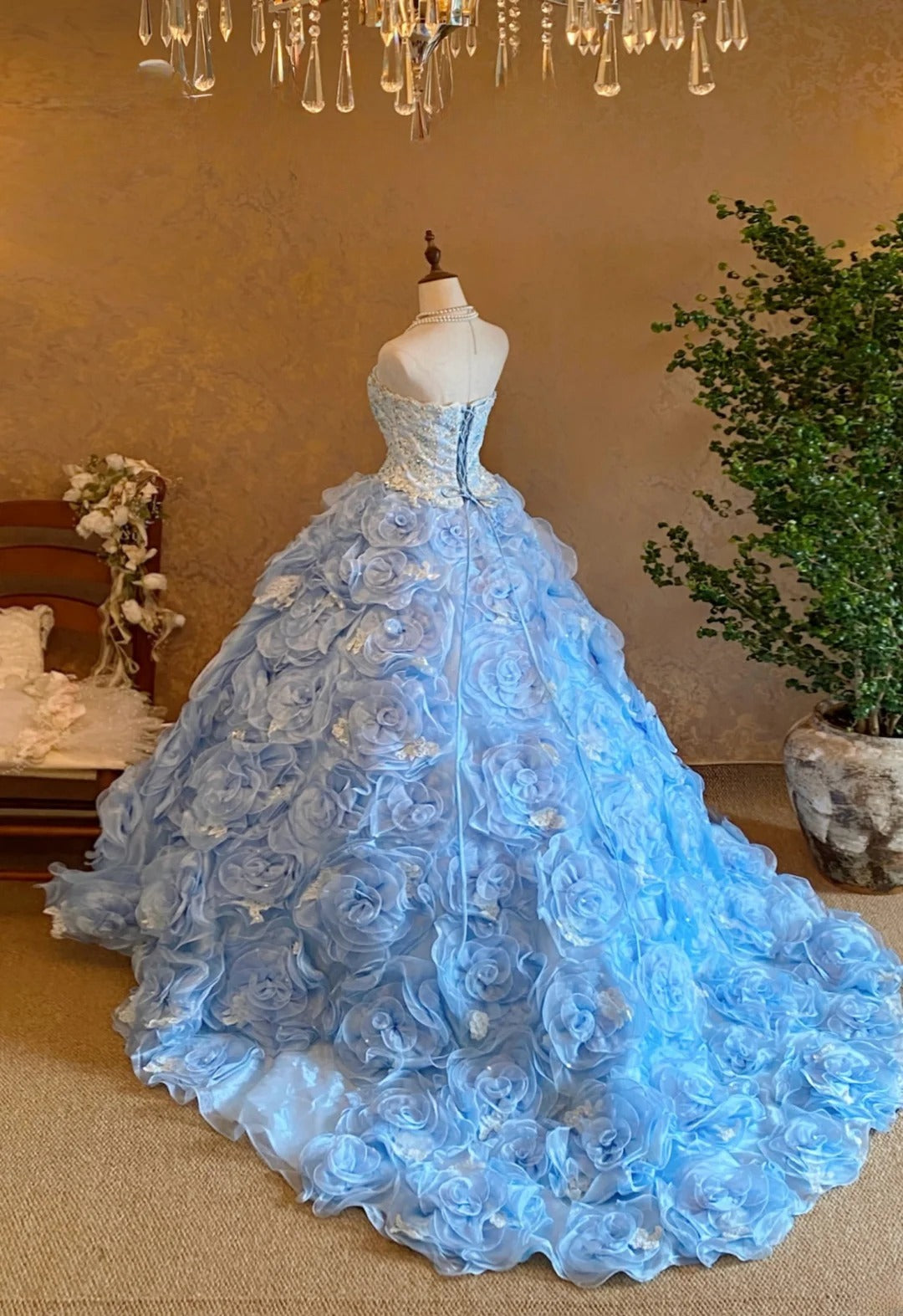 3D Floral Tiered Layers Strapless Blue Quinceanera Dress Ball Gown Sweet 15 Gown RB9143