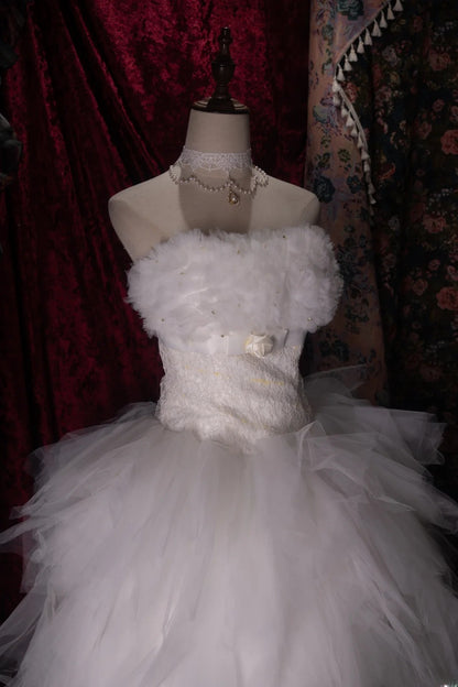Dreamy Ball Gown Formal Events Strapless White Tulle With Tiered Quince Dress Quinceanera Dresses Birthday Outfits RB8492