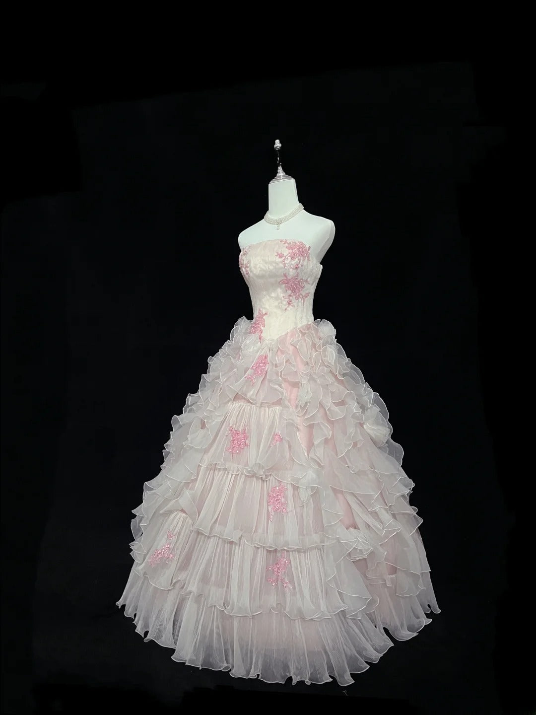 Dreamy Ball Gowns Strapless Pink With Tiered Layers Tulle Long Prom Dresses Senior Puffy Sweet 16 Sixteen Outfit Vestido de 15 RB7620