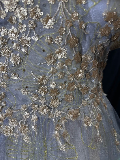Modest Prom Dresses A Line Off The Shoulder Gold Lace With Sleeves Sequin Long Formal Outfits RB6020