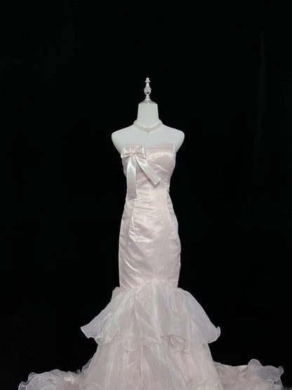 Beautiful Mermaid Strapless Pink With Tiered Layers Prom Dress Formal Outfits Evening Night Dresses RB7621