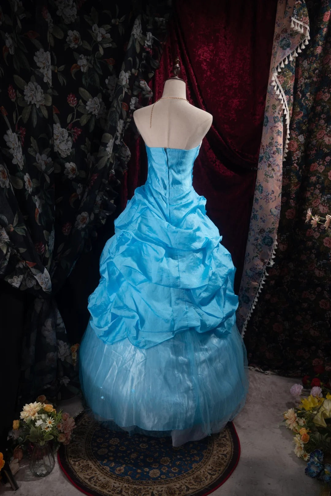 Cute Ball Gown Formal Events Strapless Blue Tulle With Appliqued Quince Dress Bow-knot Quinceanera Dresses Birthday Outfits RB8493