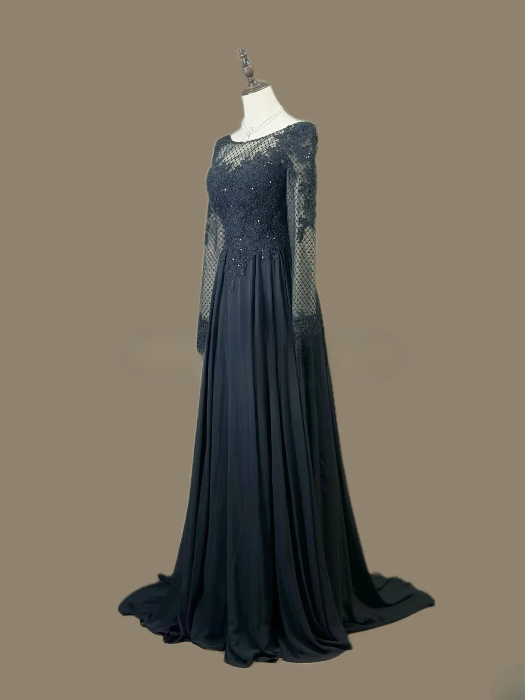 Modest Prom Dresses A Line Scoop Navy Blue Chiffon Lace With Sleeves Long Formal Outfits RB6021
