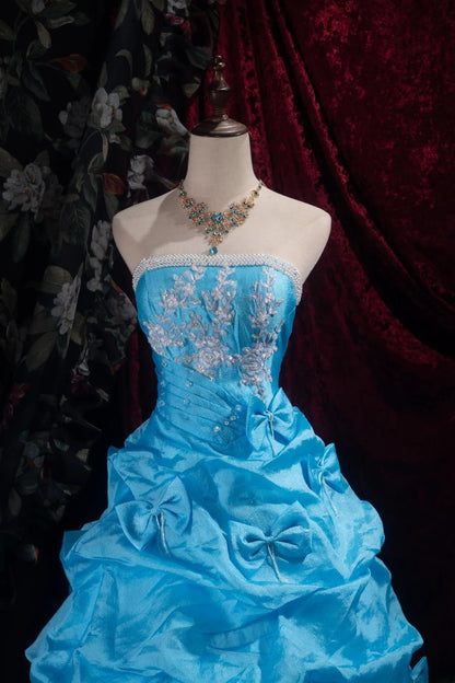 Cute Ball Gown Formal Events Strapless Blue Tulle With Appliqued Quince Dress Bow-knot Quinceanera Dresses Birthday Outfits RB8493