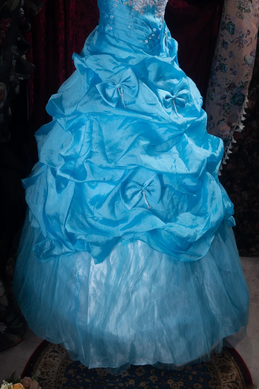 Cute Ball Gown Formal Events Strapless Blue Tulle With Appliqued Quince Dress Bow-knot Quinceanera Dresses Birthday Outfits RB8493