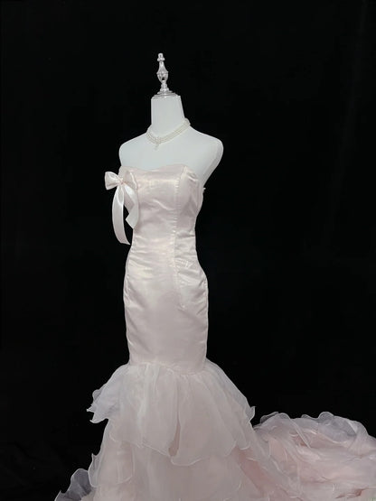 Beautiful Mermaid Strapless Pink With Tiered Layers Prom Dress Formal Outfits Evening Night Dresses RB7621