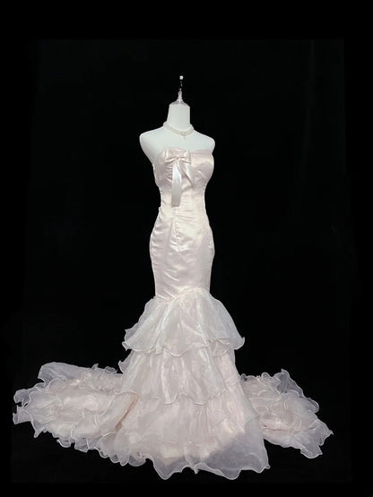 Beautiful Mermaid Strapless Pink With Tiered Layers Prom Dress Formal Outfits Evening Night Dresses RB7621