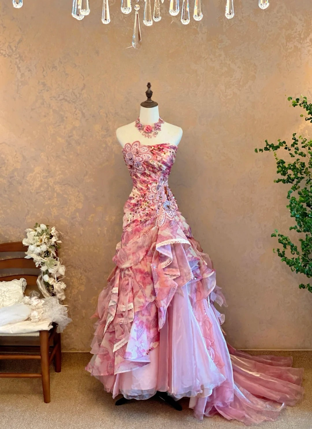 Elegant Mermaid Strapless Floral Tulle Prom Dress With Train For Women Evening Party Gown RB9145