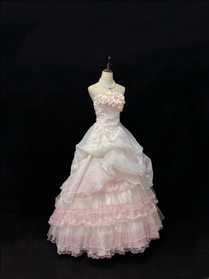 Dreamy Ball Gowns Strapless Pink With Tiered Layers Flowers Long Prom Dresses Senior Puffy Sweet 16 Sixteen Outfit Vestido de 15 RB7622