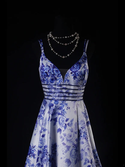 Vintage A line Spaghetti Straps Floral Royal Blue Satin Long Formal Old 1950s Prom Dresses Night Outfits Party Gowns AS222