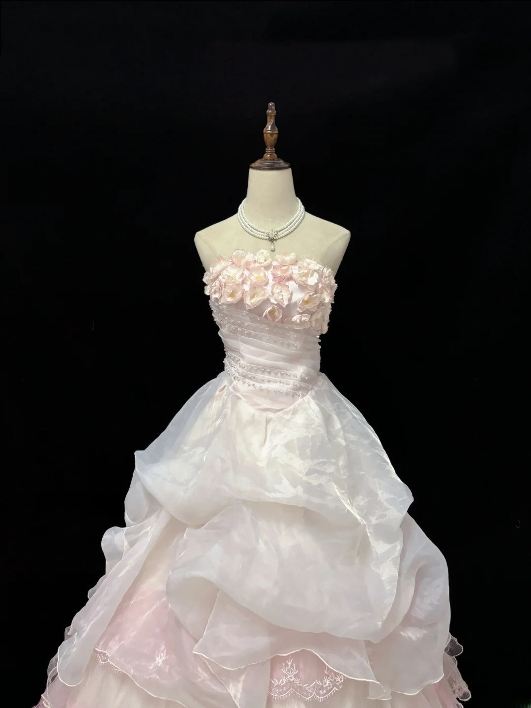 Dreamy Ball Gowns Strapless Pink With Tiered Layers Flowers Long Prom Dresses Senior Puffy Sweet 16 Sixteen Outfit Vestido de 15 RB7622