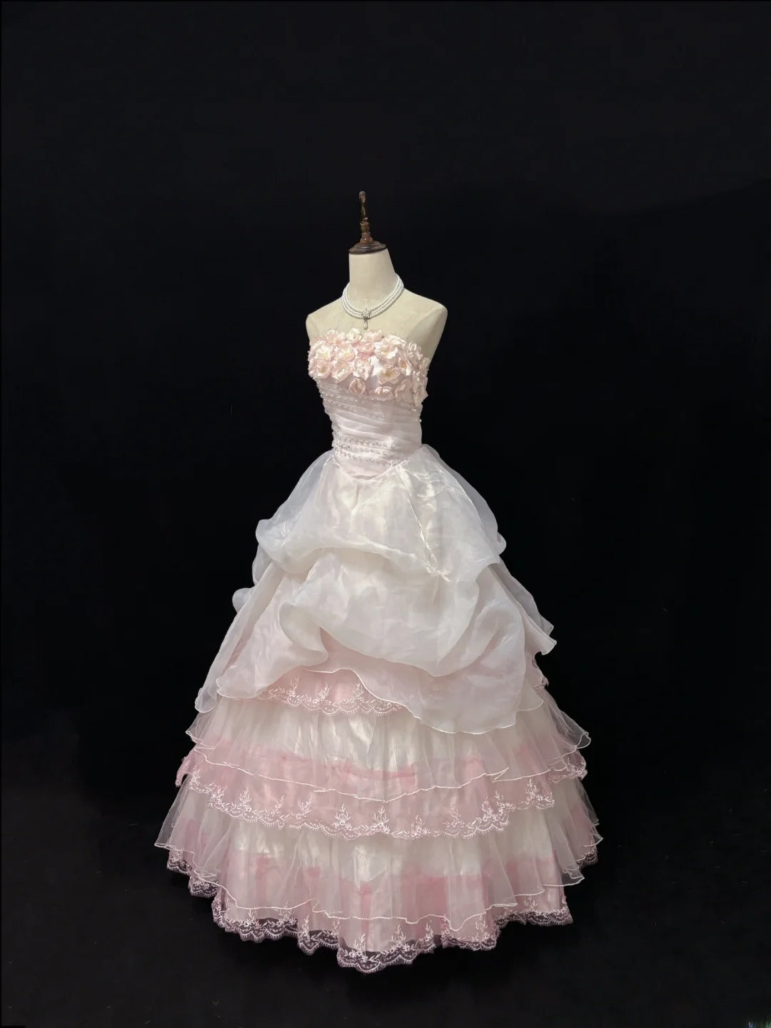 Dreamy Ball Gowns Strapless Pink With Tiered Layers Flowers Long Prom Dresses Senior Puffy Sweet 16 Sixteen Outfit Vestido de 15 RB7622