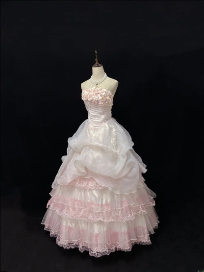 Dreamy Ball Gowns Strapless Pink With Tiered Layers Flowers Long Prom Dresses Senior Puffy Sweet 16 Sixteen Outfit Vestido de 15 RB7622