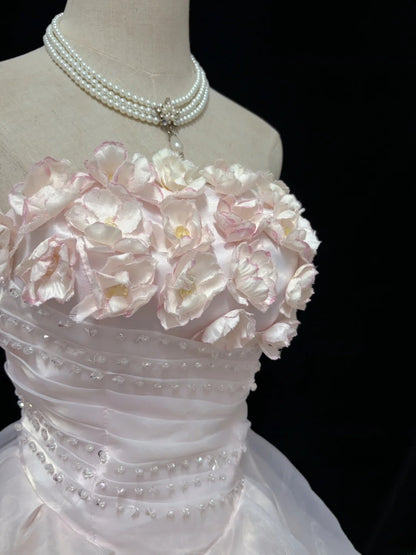 Dreamy Ball Gowns Strapless Pink With Tiered Layers Flowers Long Prom Dresses Senior Puffy Sweet 16 Sixteen Outfit Vestido de 15 RB7622