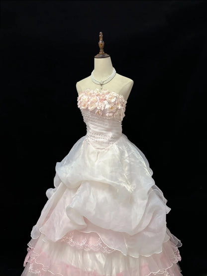Dreamy Ball Gowns Strapless Pink With Tiered Layers Flowers Long Prom Dresses Senior Puffy Sweet 16 Sixteen Outfit Vestido de 15 RB7622