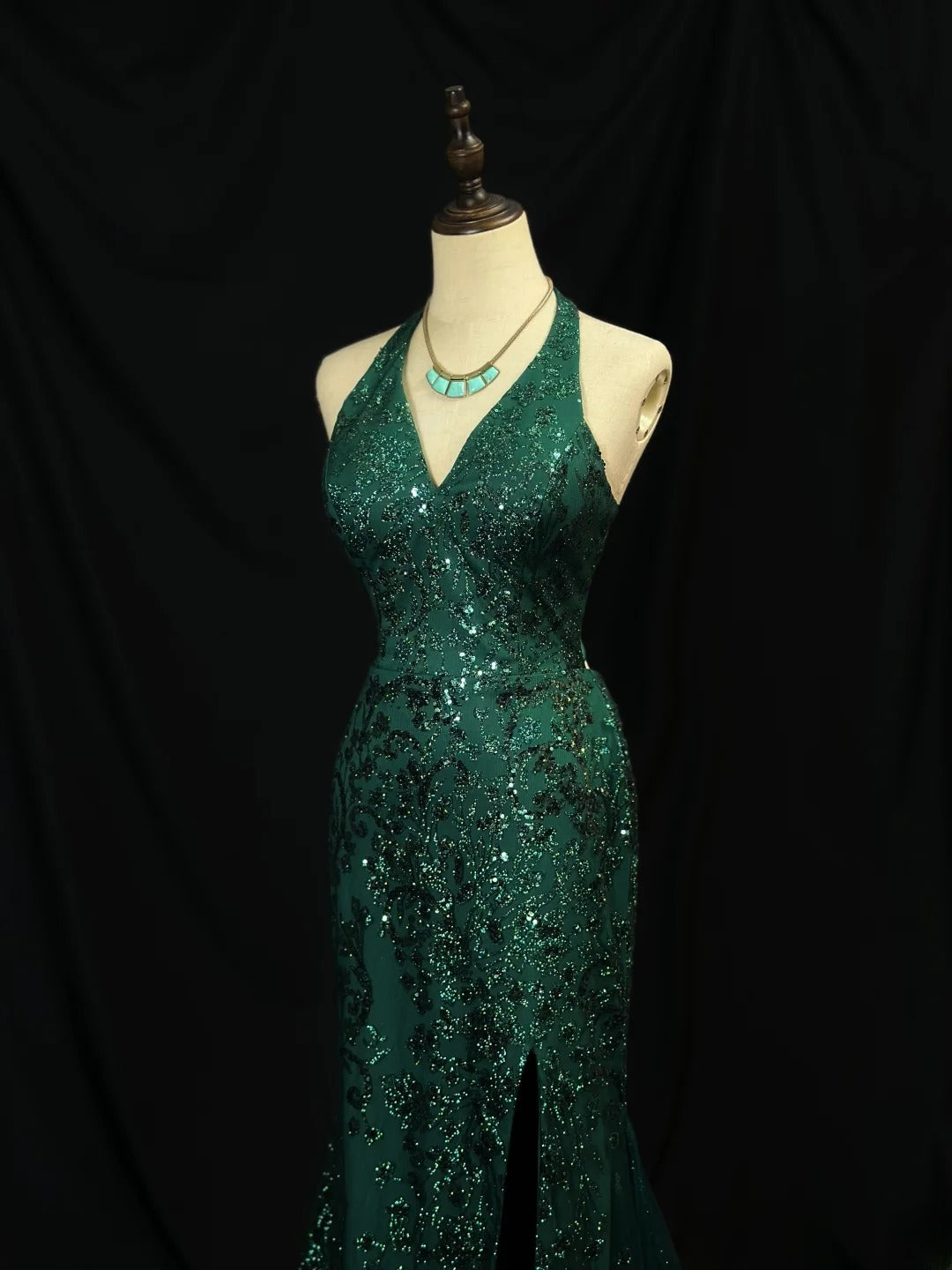 Beautiful Prom Dresses Mermaid Halter Dark Green Sequin With Backless Long Formal Outfits RB6022