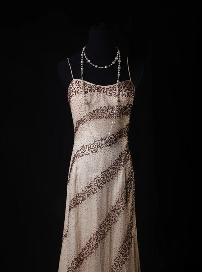 Vintage A line Spaghetti Straps Champagne Chiffon Long Formal Old 1950s Prom Dresses Night Outfits Party Gowns AS223