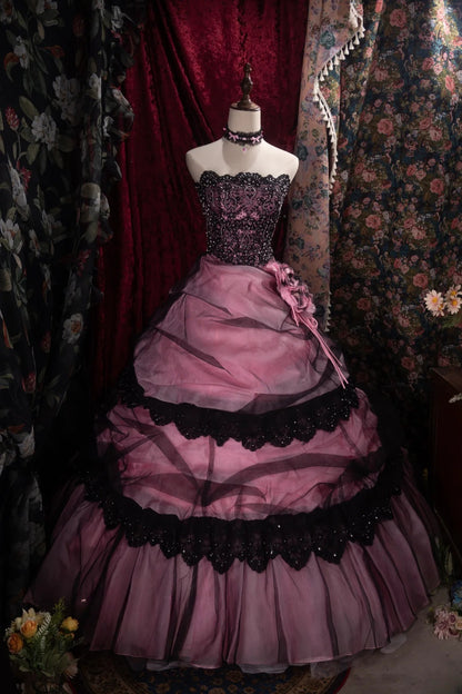 Dreamy Ball Gown Formal Events Strapless Black Tulle With Tiered Quince Dress Quinceanera Dresses Birthday Outfits RB8497