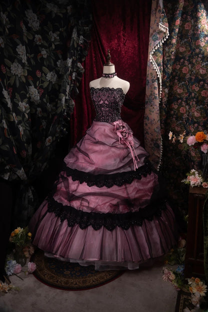 Dreamy Ball Gown Formal Events Strapless Black Tulle With Tiered Quince Dress Quinceanera Dresses Birthday Outfits RB8497