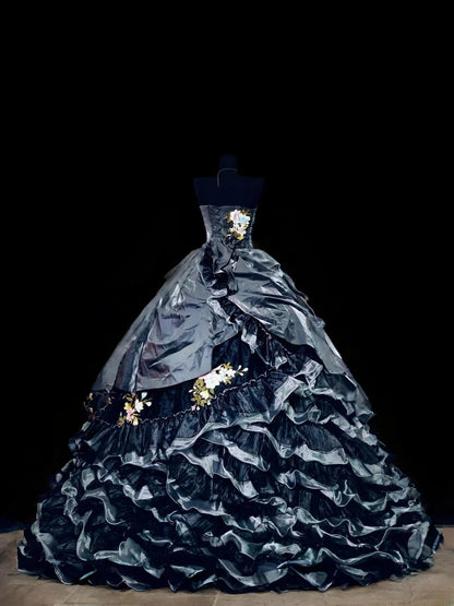 Ball Gown Strapless Black Satin Long Quinceanera Dresses With Tiered For Sweet 15 15 Anos Celebration Birthday Formal Gown RB8869