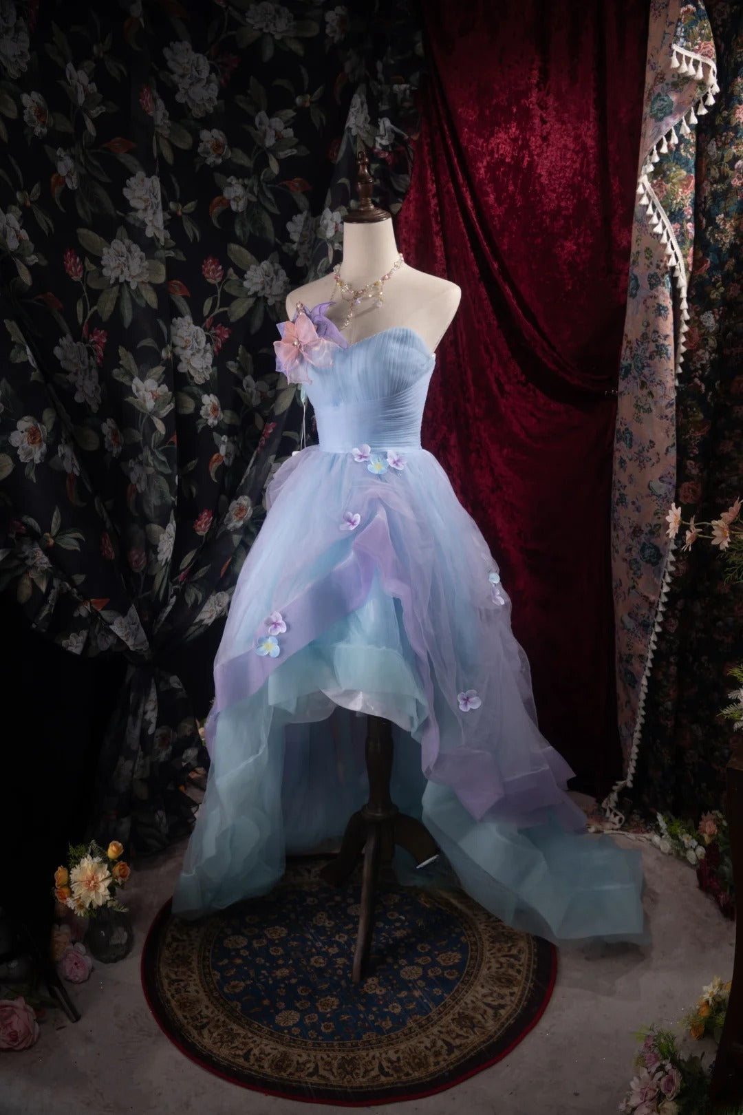 Modest Ball Gown Sweetheart Blue Tulle With Flowers High School Dances Prom Dresses 8th Grade Formal Outfits Evening Gown RB8498