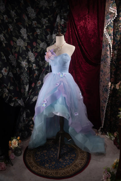Modest Ball Gown Sweetheart Blue Tulle With Flowers High School Dances Prom Dresses 8th Grade Formal Outfits Evening Gown RB8498