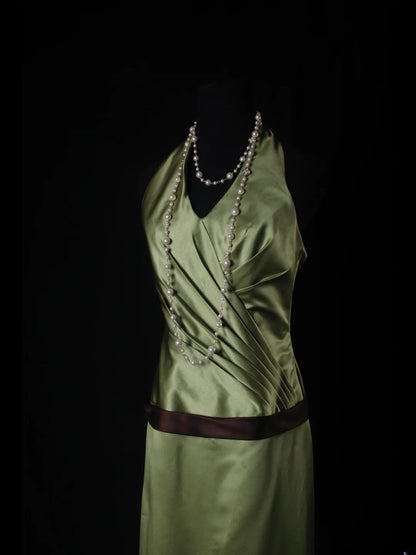 Vintage A line V Neck Green Satin With Pleated Long Bridesmaid Dresses AS225