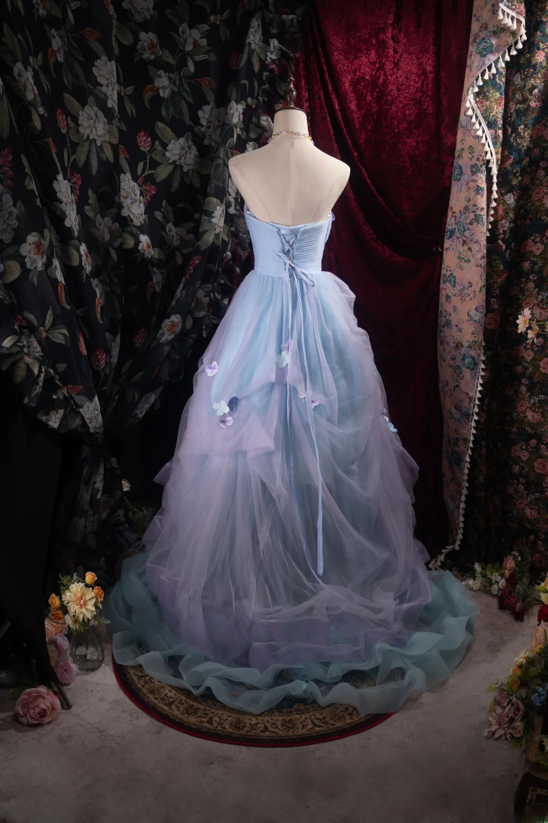 Modest Ball Gown Sweetheart Blue Tulle With Flowers High School Dances Prom Dresses 8th Grade Formal Outfits Evening Gown RB8498