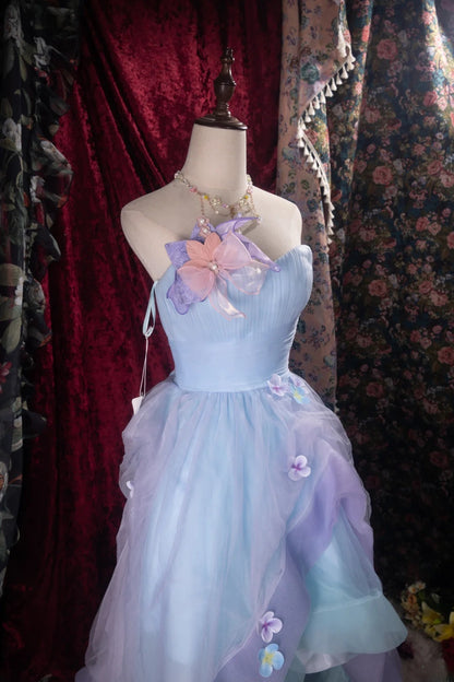 Modest Ball Gown Sweetheart Blue Tulle With Flowers High School Dances Prom Dresses 8th Grade Formal Outfits Evening Gown RB8498
