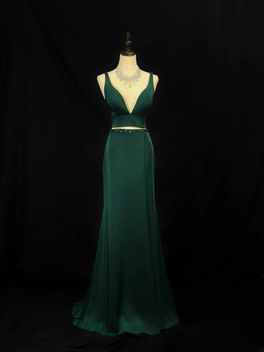 Beautiful Prom Dresses Mermaid 2 Pieces Straps Dark Green Satin With Beading Long Formal Outfits RB6023