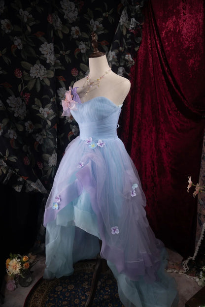 Modest Ball Gown Sweetheart Blue Tulle With Flowers High School Dances Prom Dresses 8th Grade Formal Outfits Evening Gown RB8498