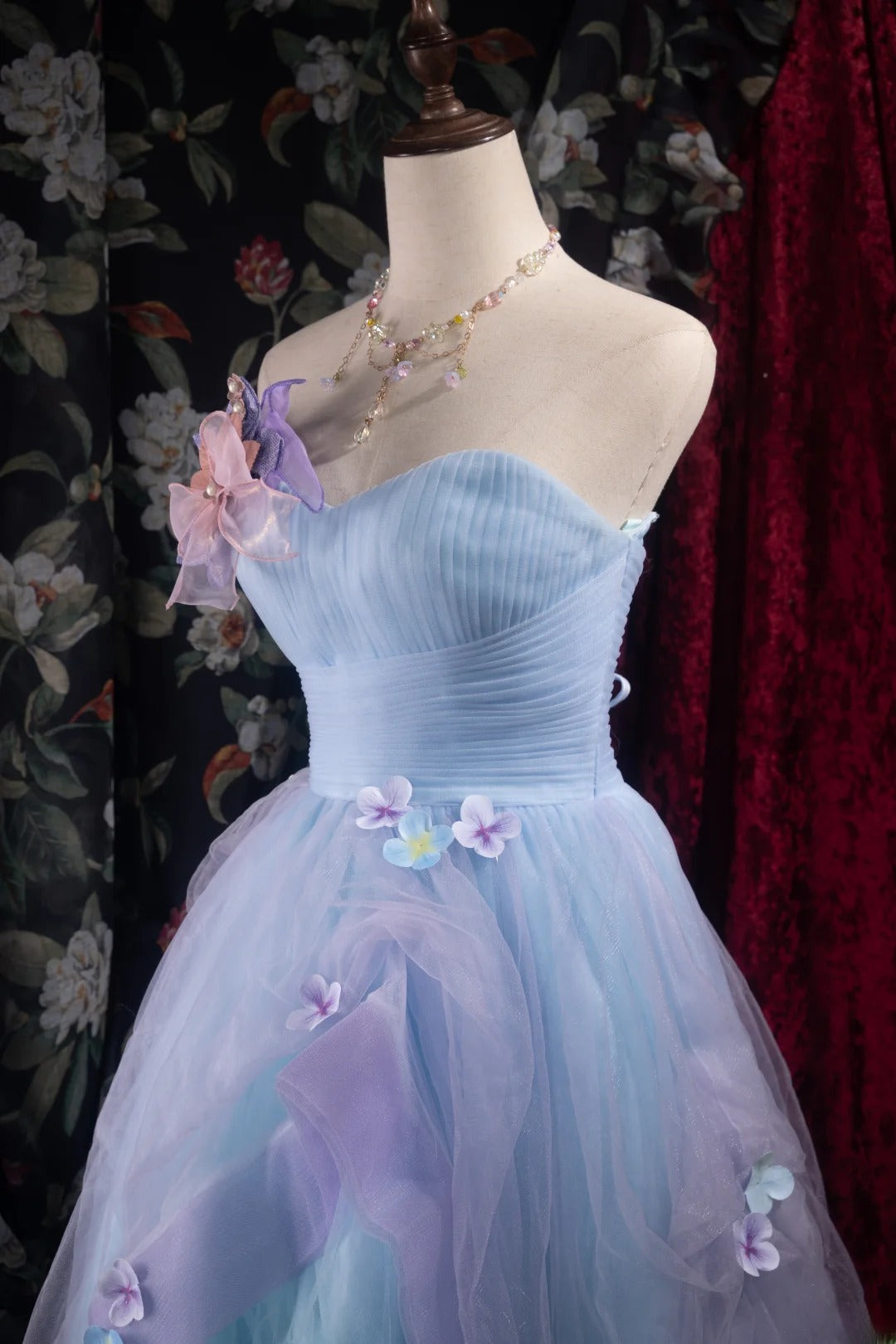Modest Ball Gown Sweetheart Blue Tulle With Flowers High School Dances Prom Dresses 8th Grade Formal Outfits Evening Gown RB8498