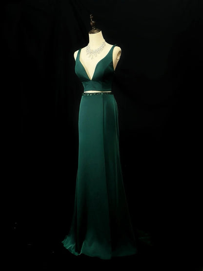 Beautiful Prom Dresses Mermaid 2 Pieces Straps Dark Green Satin With Beading Long Formal Outfits RB6023